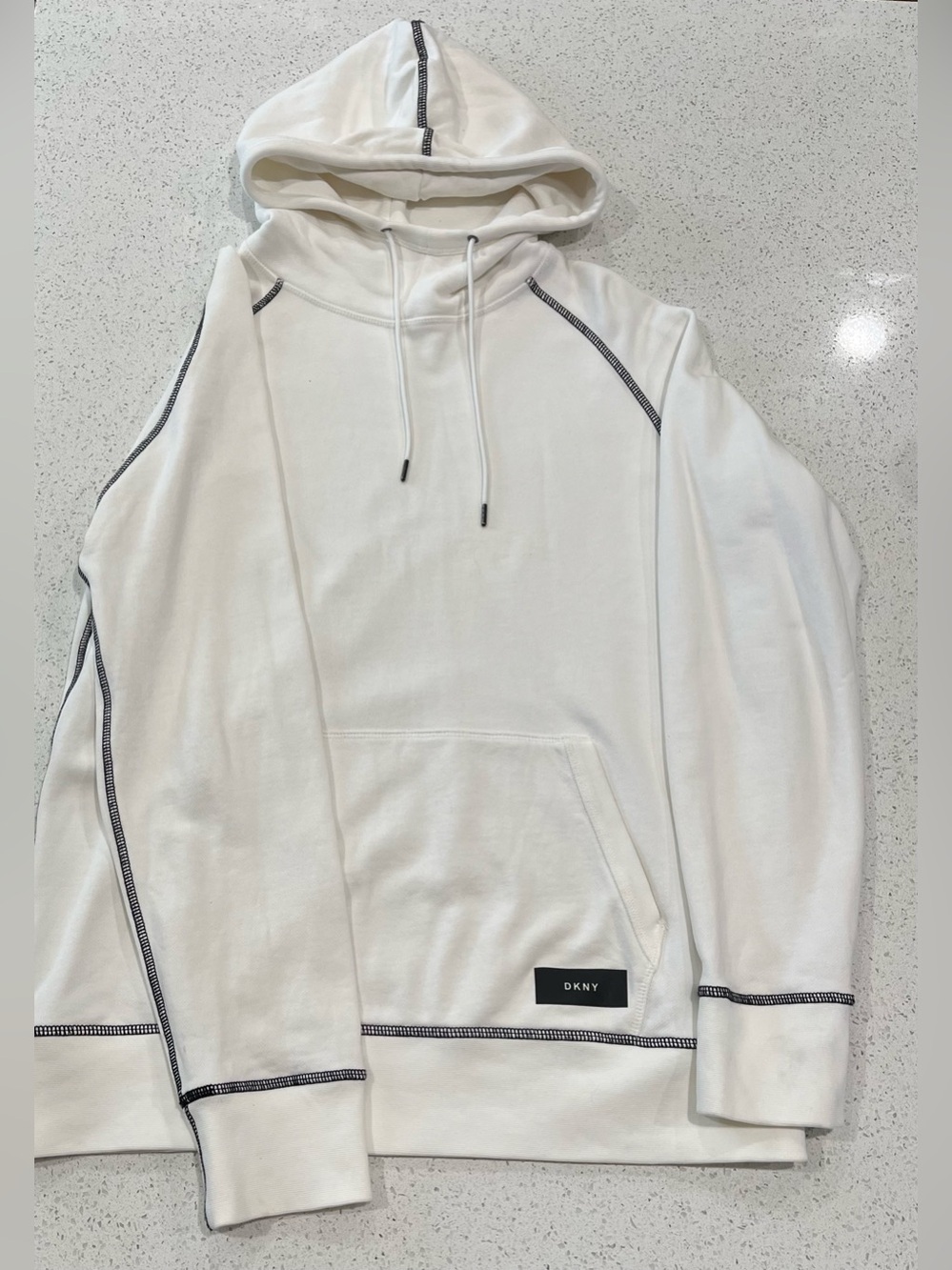 Women’s DKNY White French Terry Hoodie W/Contrasting Black Topstitching Size M